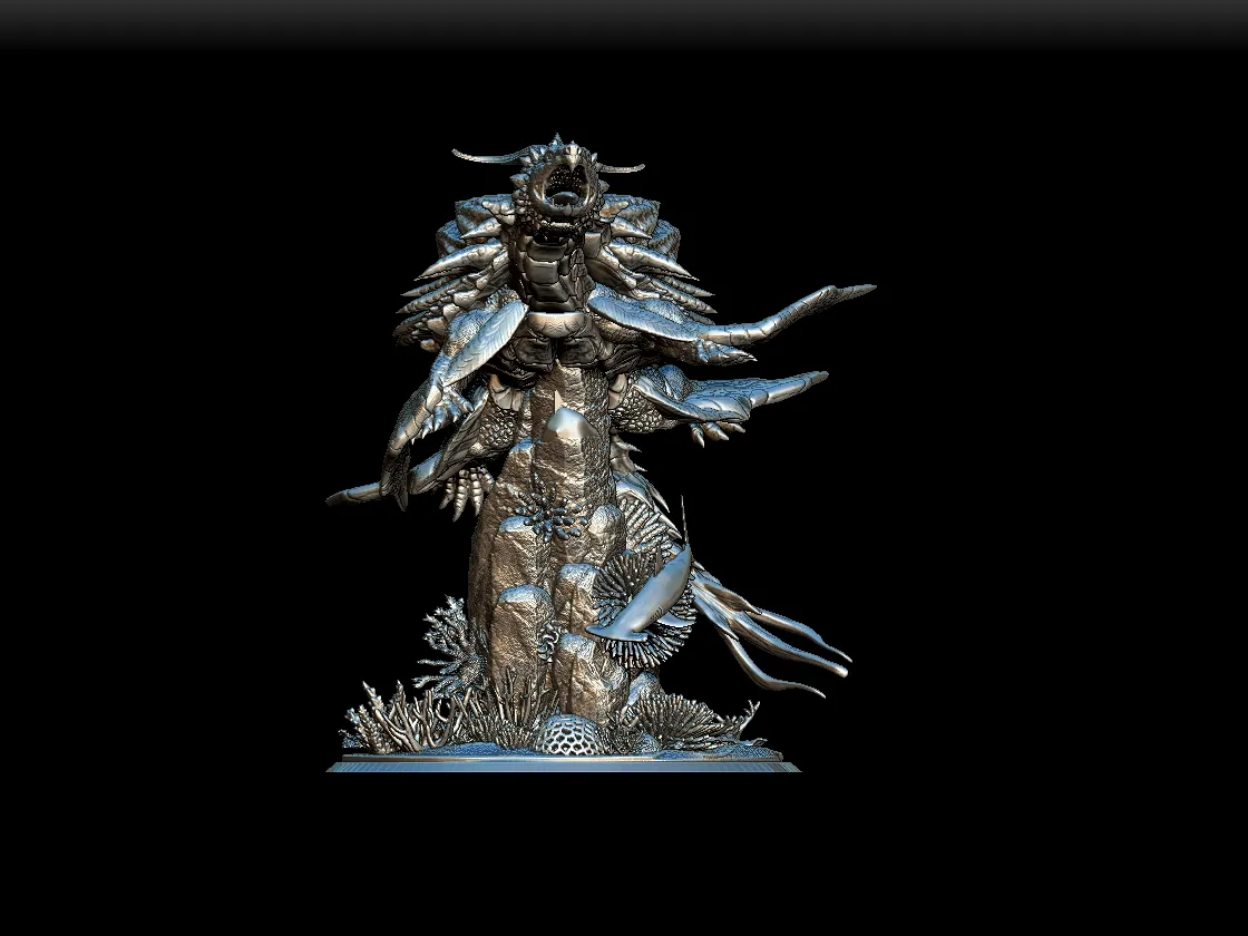 Detail View focusing on facial features, shell ridges, and coral elements