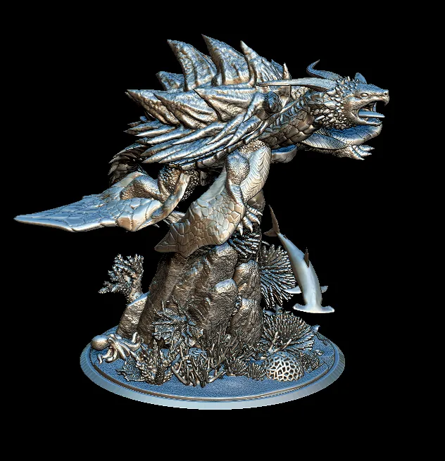 44 Dragon Turtle Full-Body – Monstrous Menagerie Front View showing open jaws, armored shell ridges, and coral base