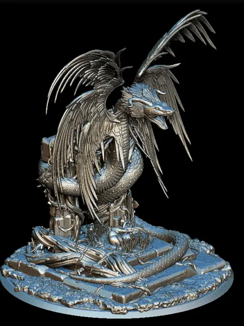 45 Couatl Full-Body – Monstrous Menagerie Front View showing coiled body, extended feathered wings, and stone ruin base