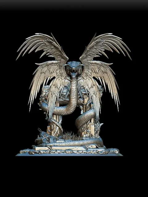 Detail View focusing on feather layering, facial features, and stonework texture