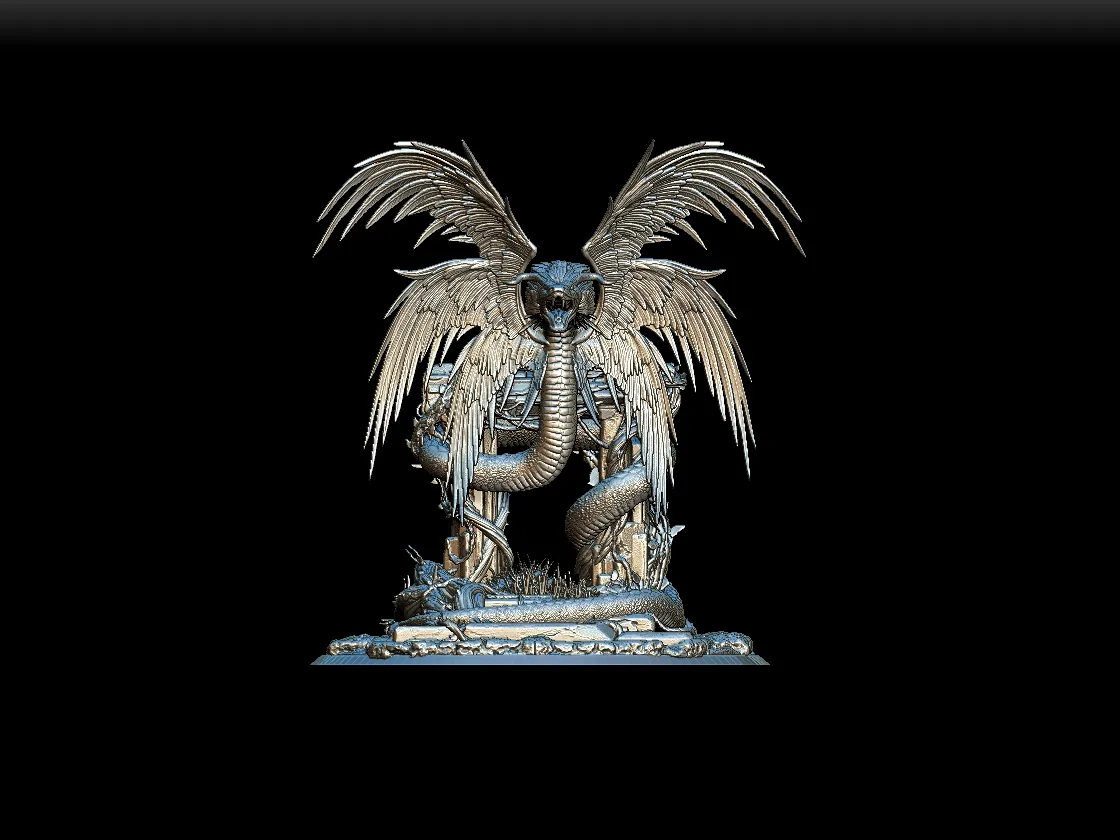 Detail View focusing on feather layering, facial features, and stonework texture