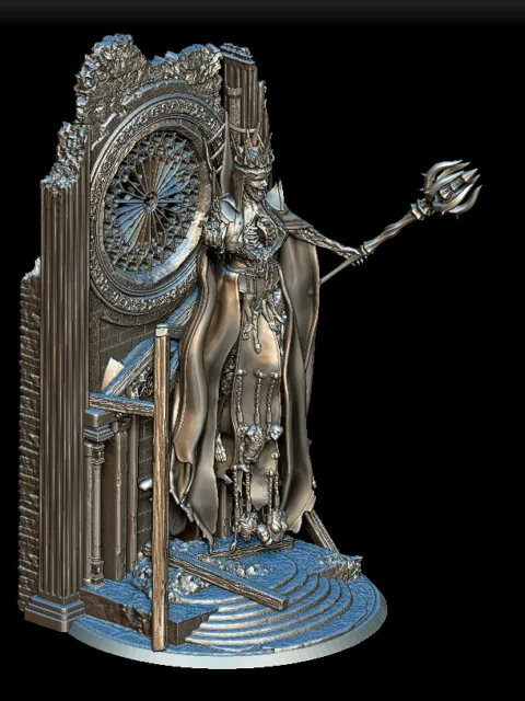 46 Lich Queen Full-Body – Monstrous Menagerie Front View showing extended staff, flowing robes, and gothic arch backdrop