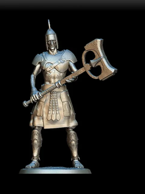 Detail View focusing on helmet design, armor panels, and axe head texture