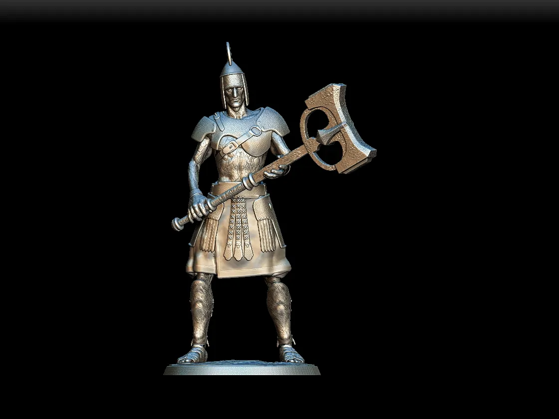 Detail View focusing on helmet design, armor panels, and axe head texture