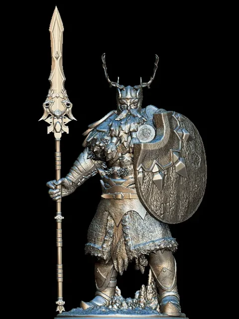 54 Frost Titan Full-Body – Monstrous Menagerie Front View showing spear, shield, and antlered helm