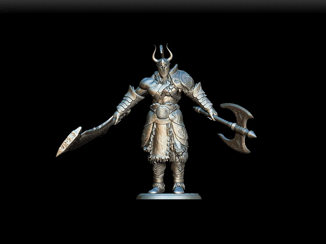 Detail View focusing on helm design, armor texture, and weapon engraving