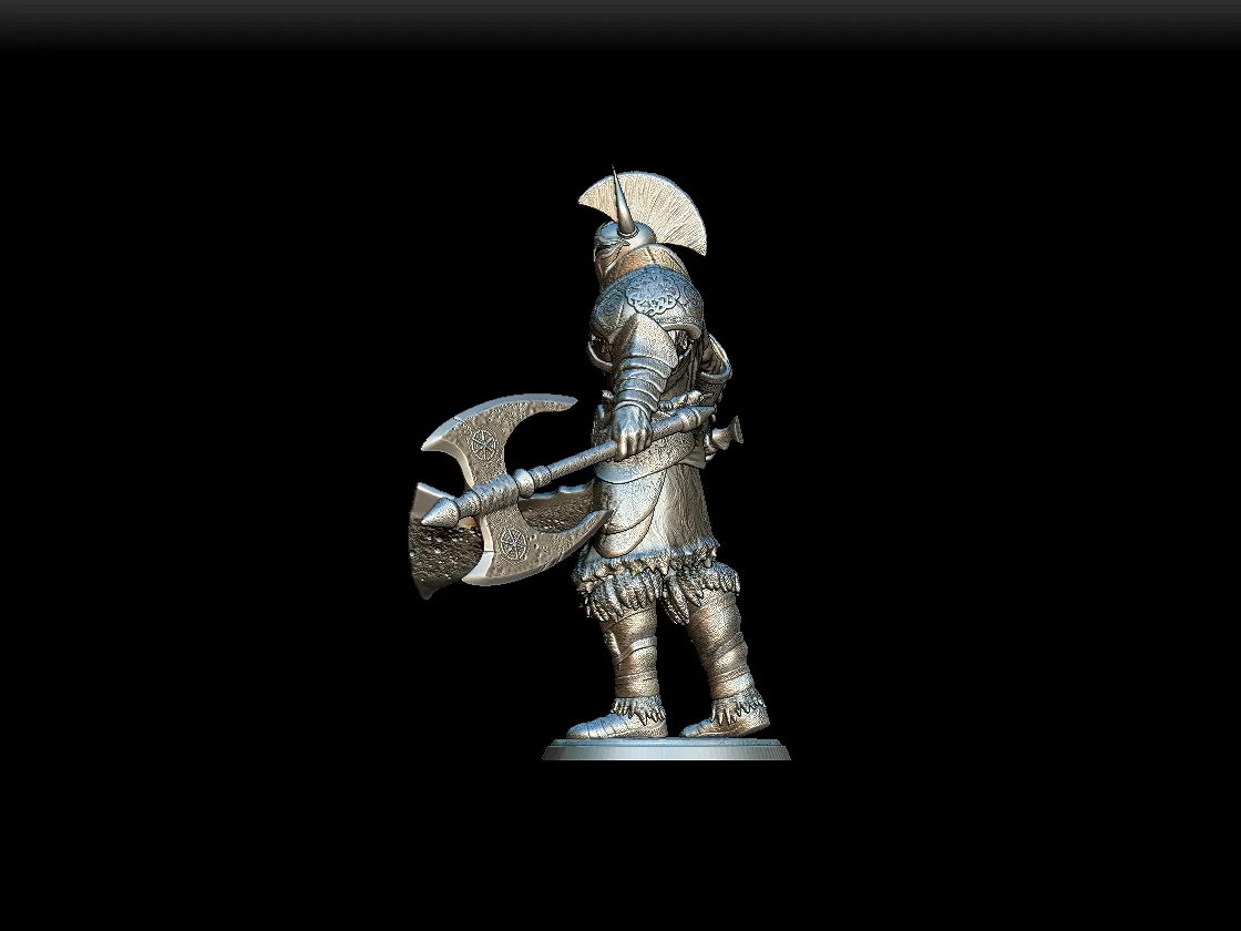 Left Profile emphasizing sword blade and fur trim