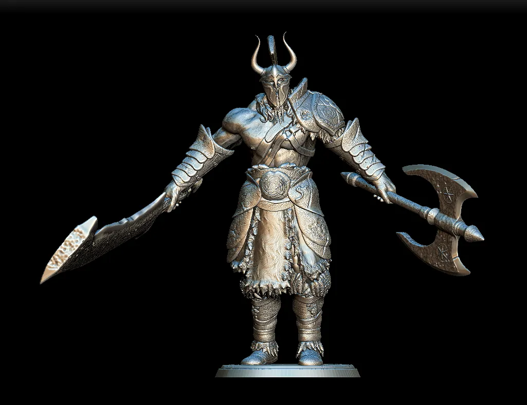 55 Frost Giant Full-Body – Monstrous Menagerie Front View showing extended sword, double-headed axe, and horned helm