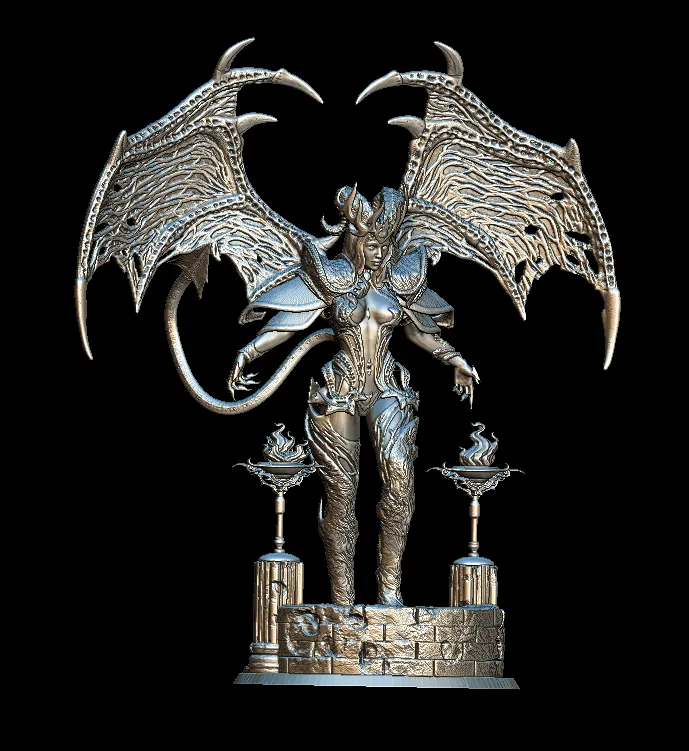 56 Malcanthet Full-Body – Monstrous Menagerie Front View showing extended wings, curved tail, and stone platform