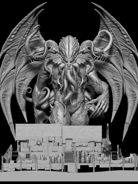 63 Cthulu Full-Body – Monstrous Menagerie Front View showing towering scale above dock structures