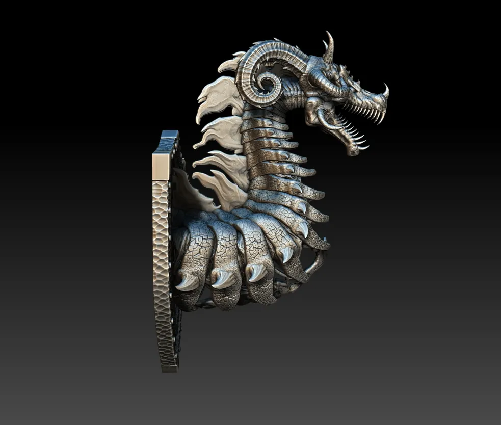 Right Profile highlighting serrated teeth, ribbed torso, and horn curvature