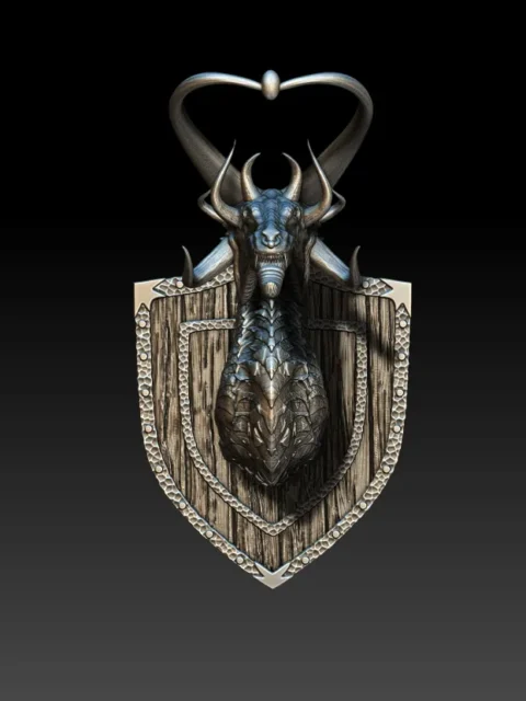 06 Smalltooth Dragon Trophy Bust – Monstrous Menagerie Turntable View showing curved neck and shield-style backing
