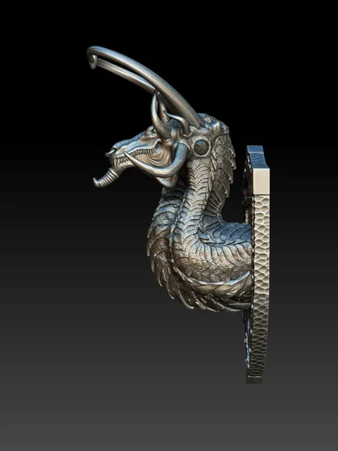 Left Profile emphasizing slender neck curve, facial ridges, and textured shield mount