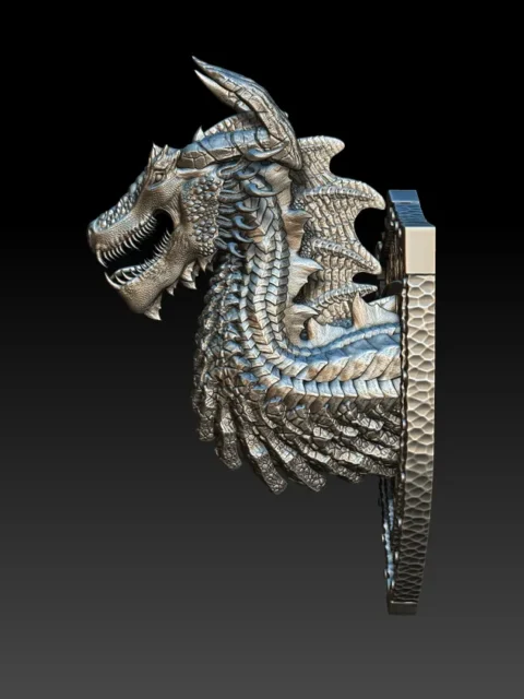 Left Profile emphasizing coiled neck arc, textured plate layering, and sculpted shield mount