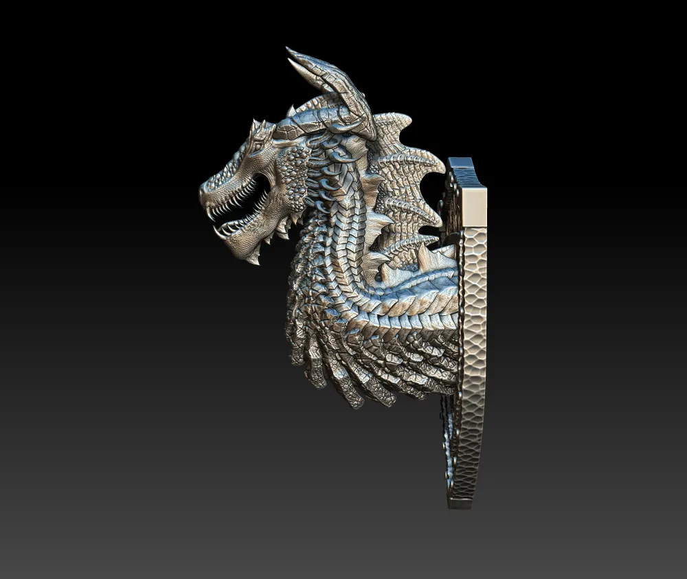 Left Profile emphasizing coiled neck arc, textured plate layering, and sculpted shield mount