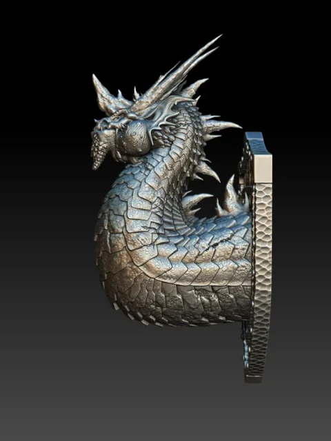 Left Profile emphasizing overlapping scale plates, jaw structure, and sculpted shield mount