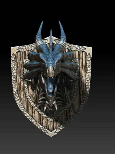 12 Salinth Bronze Dragon Trophy Bust – Monstrous Menagerie Turntable View showing segmented neck plates and shield-style backing