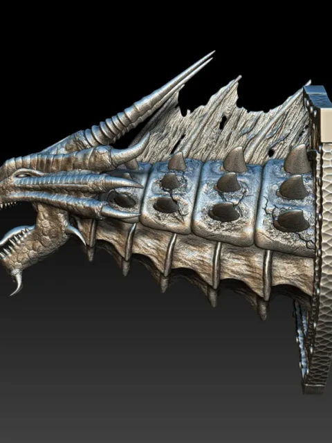 Left Profile emphasizing layered plating, horn alignment, and sculpted shield mount