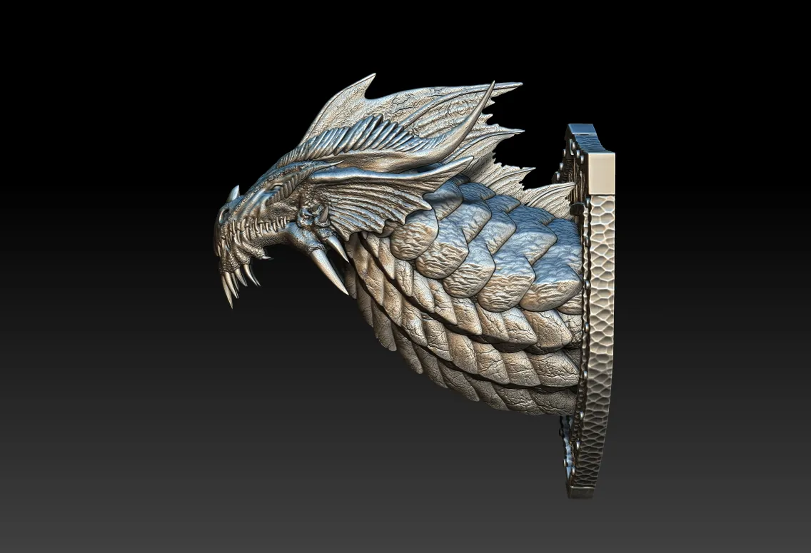 Left Profile emphasizing broad neck coil, textured plating, and sculpted shield mount