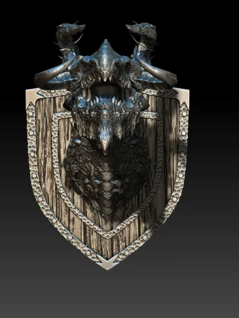 14 Menath Earth Dragon Trophy Bust – Monstrous Menagerie Turntable View showing layered neck plates and shield-style backing