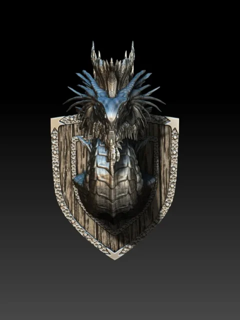 15 Galzara The Silver Dragon Trophy Bust – Monstrous Menagerie Turntable View showing segmented throat plates and shield-style backing