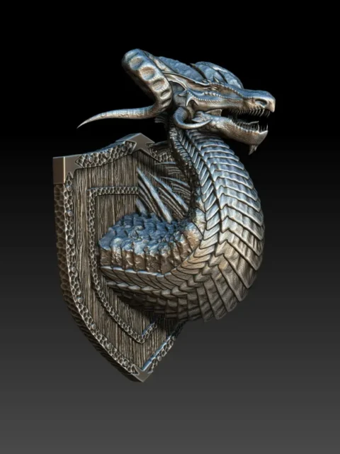 17 Mylanith Nickel Dragon Trophy Bust – Monstrous Menagerie Front View with sweeping backward horn and chevron throat scales