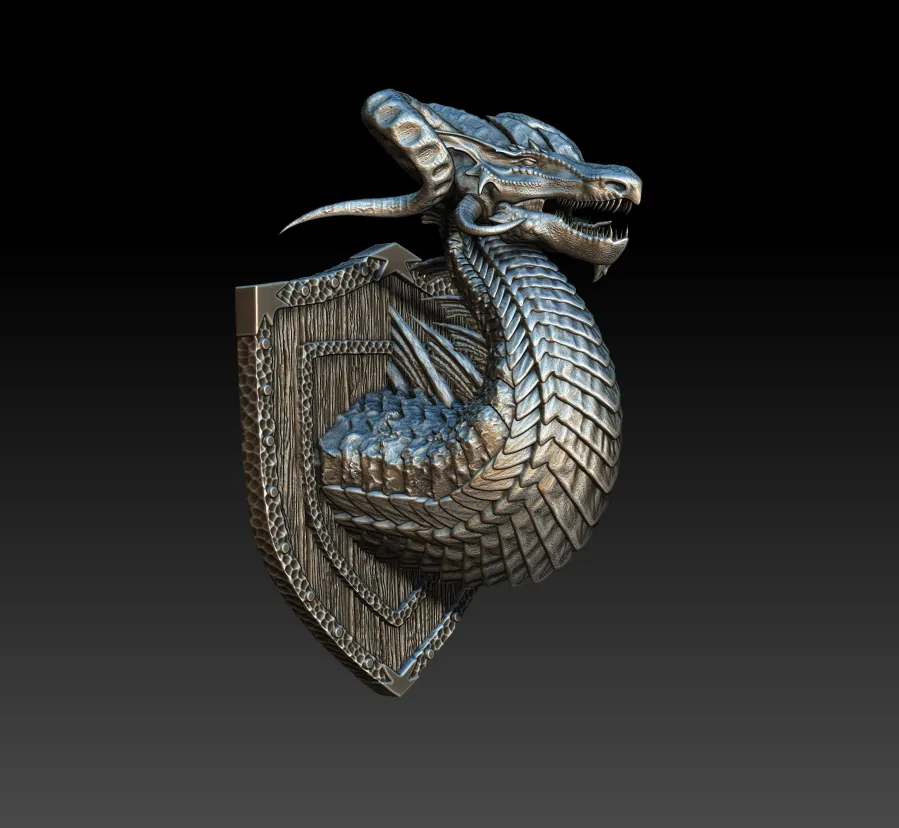 17 Mylanith Nickel Dragon Trophy Bust – Monstrous Menagerie Front View with sweeping backward horn and chevron throat scales