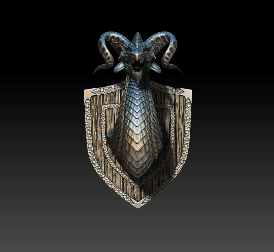 17 Mylanith Nickel Dragon Trophy Bust – Monstrous Menagerie Turntable View showing compact neck coil and shield-style backing