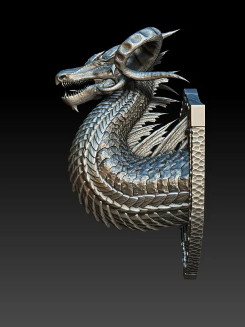 Left Profile emphasizing scale rhythm, jawline detail, and sculpted shield mount