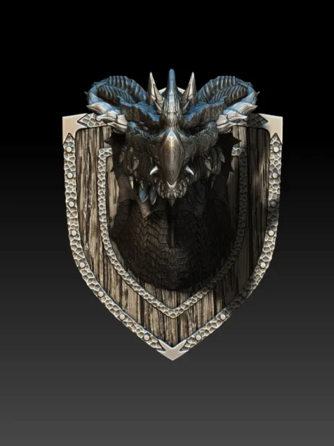 19 Kilirth The Red Dragon Trophy Bust – Monstrous Menagerie Turntable View showing layered cheek plates and shield-style backing