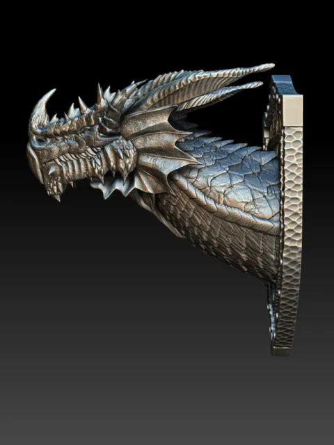 Left Profile emphasizing muscular neck line, armored scale plates, and sculpted shield mount