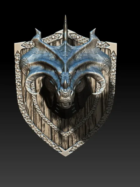 25 Nalleth The Rabbit Slayer Brass Dragon Trophy Bust – Monstrous Menagerie Angled View highlighting cranial ridges and shield-style backing