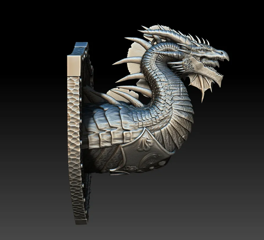 Right Profile showing forward head dominance, layered scale bands, and integrated mount