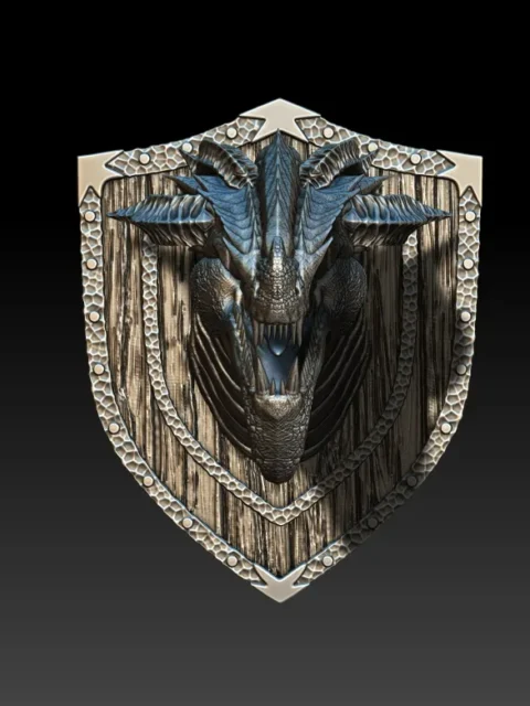 28 Wildmelt The Black Dragon Trophy Bust – Monstrous Menagerie Angled View highlighting ribbed neck texture and shield-style backing