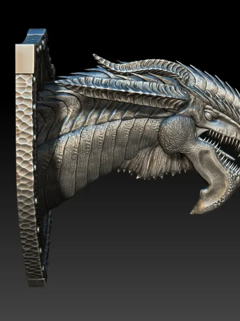 Right Profile showing elongated jaw curve, serrated teeth, and integrated trophy mount