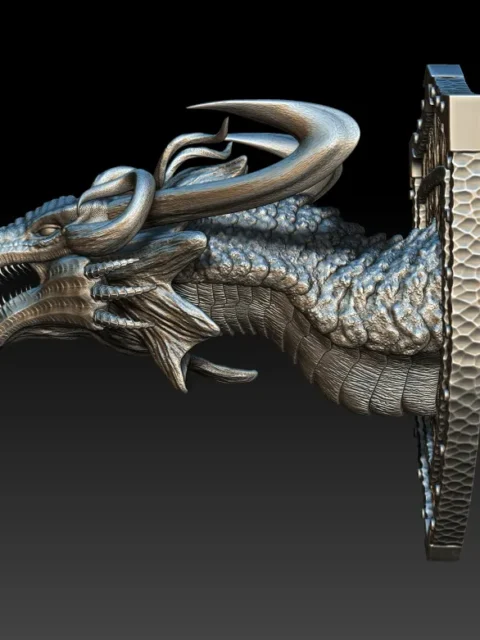 Left Profile capturing streamlined cranial ridges, layered jaw structure, and sculpted backing