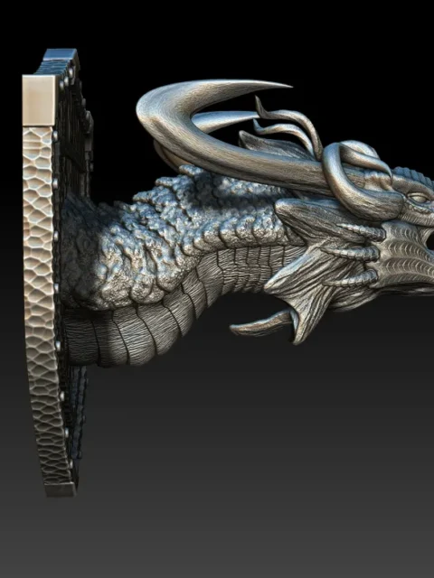 Right Profile showing curved horn arc, tapered jaw blade, and integrated trophy mount