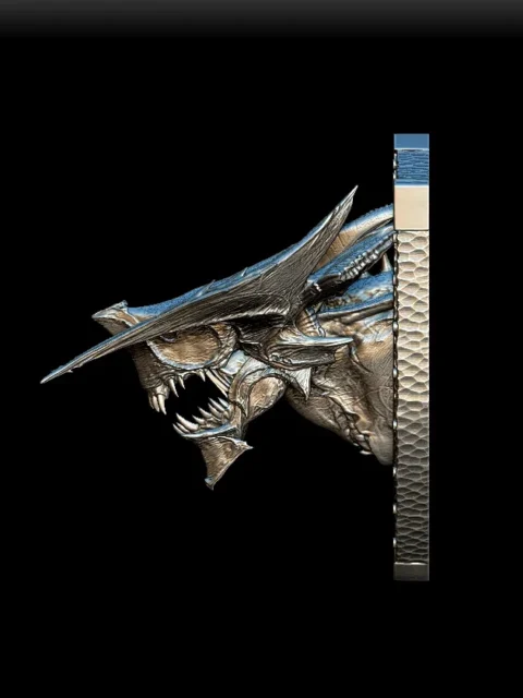 Left Profile capturing hooked jaw arc, fractured cheek plates, and sculpted backing