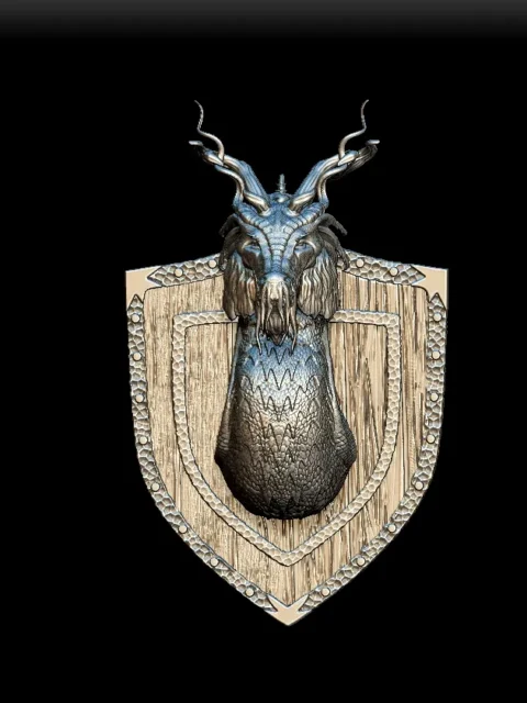 32 Slythia The Yellow Dragon Trophy Bust – Monstrous Menagerie Angled View highlighting serpentine neck curve and shield-style backing