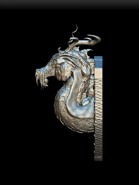 Left Profile capturing twisting horn structure, rounded chest form, and sculpted backing