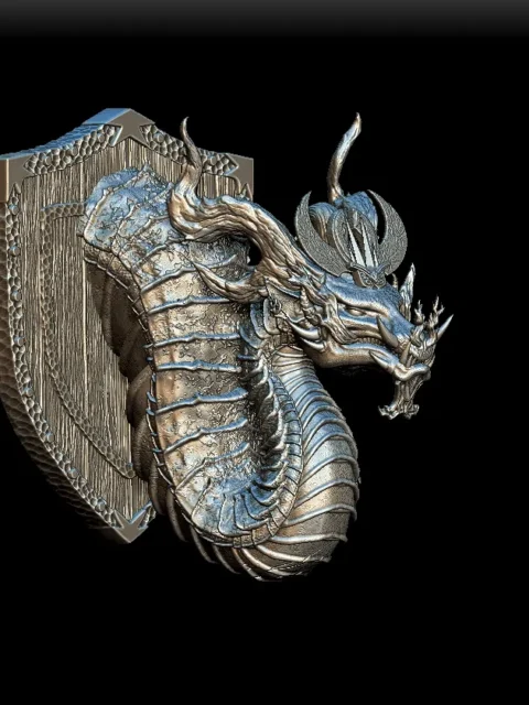 34 Rakushin The Oni Dragon Trophy Bust – Monstrous Menagerie Front View with sweeping curved horns and layered facial plates