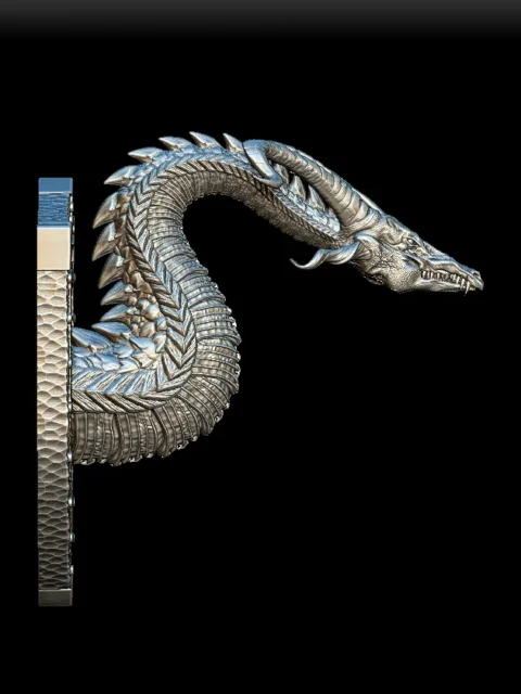 Right Profile showing narrow skull detail, segmented belly plates, and shield-style backing