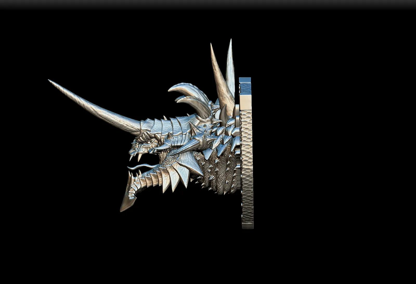 Right Profile showing elongated horn structure and shield-style backing