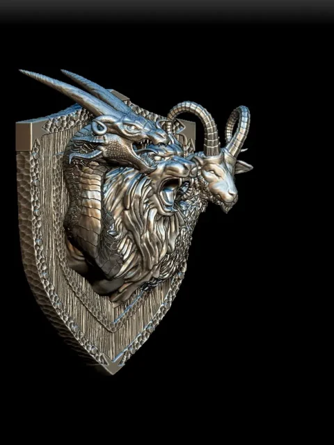 42 Chimera Trophy Bust – Monstrous Menagerie Front View showing lion, goat, and dragon heads