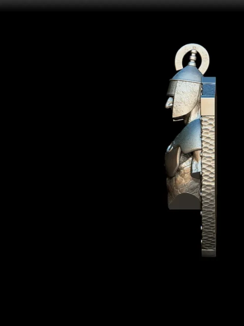 Left Profile emphasizing carved stone musculature and strap detail