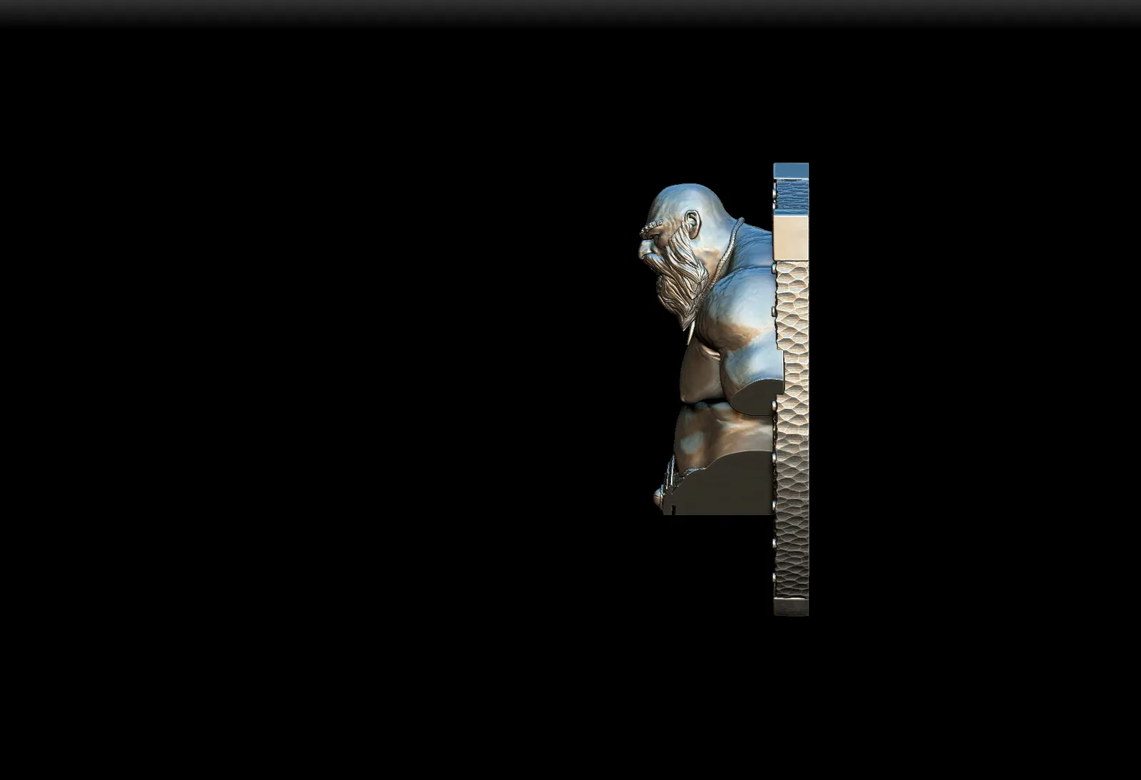 Left Profile capturing torso definition and belt medallion detail