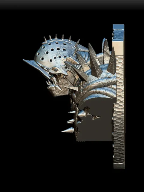 Left Profile emphasizing armored fist and aggressive expression