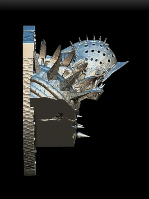 Right Profile showing layered metal plating and rivet texture