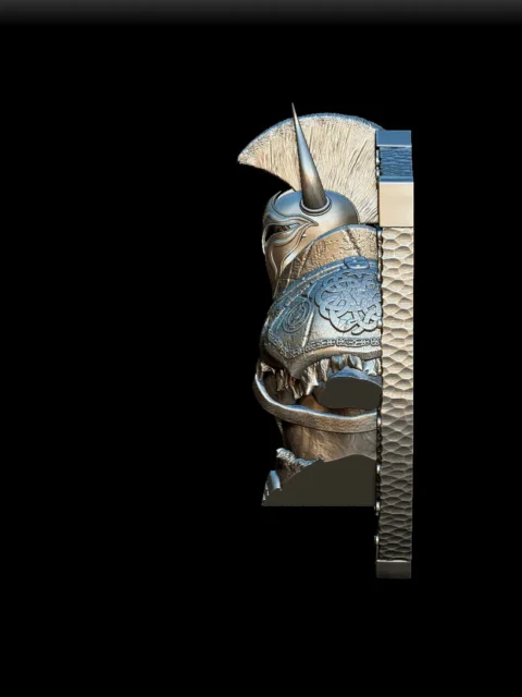 Left Profile emphasizing muscular torso and shield-style backing