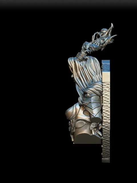 Left Profile showing armor contours and shield backing